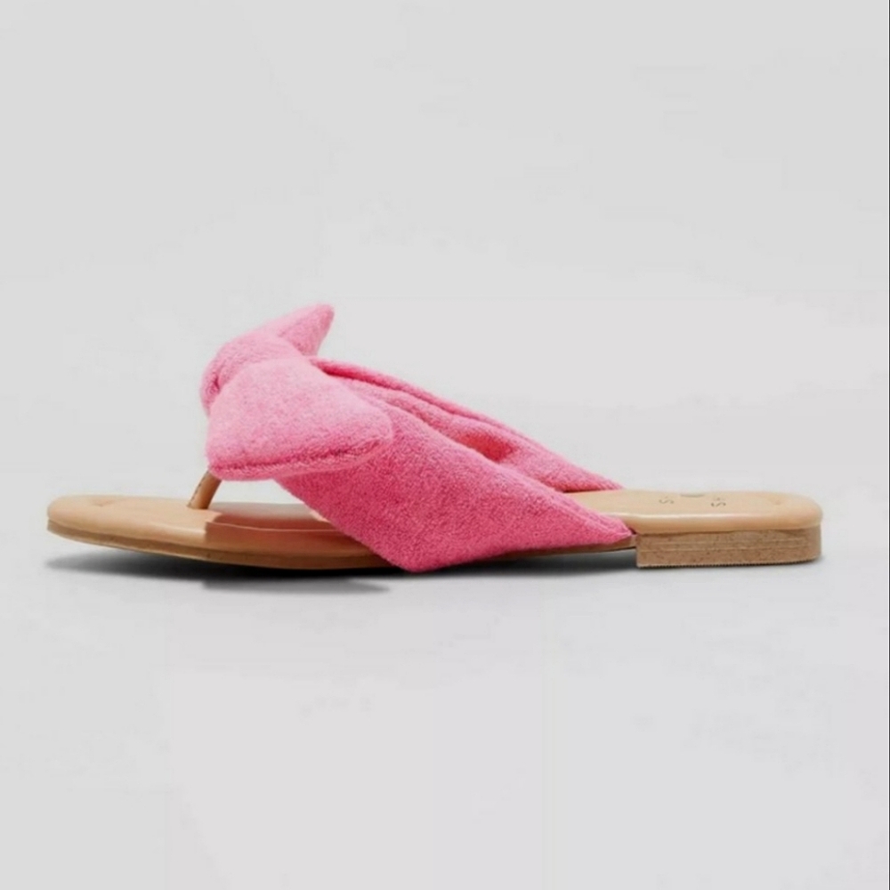 Shade & Shore Tulip Pink Fuzzy Bow Terry Cloth Slide Flip Flop Sandals - Picture 7 of 11